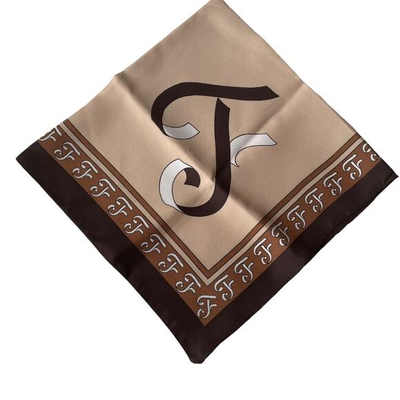 F Script Monogram Scarf Brown Caramel Neutrals Square Made in Italy Vintage EUC - Picture 1 of 7